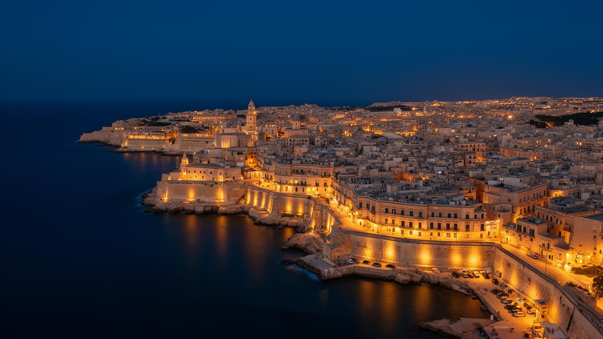 Valletta, Malta at blue hour seen from above